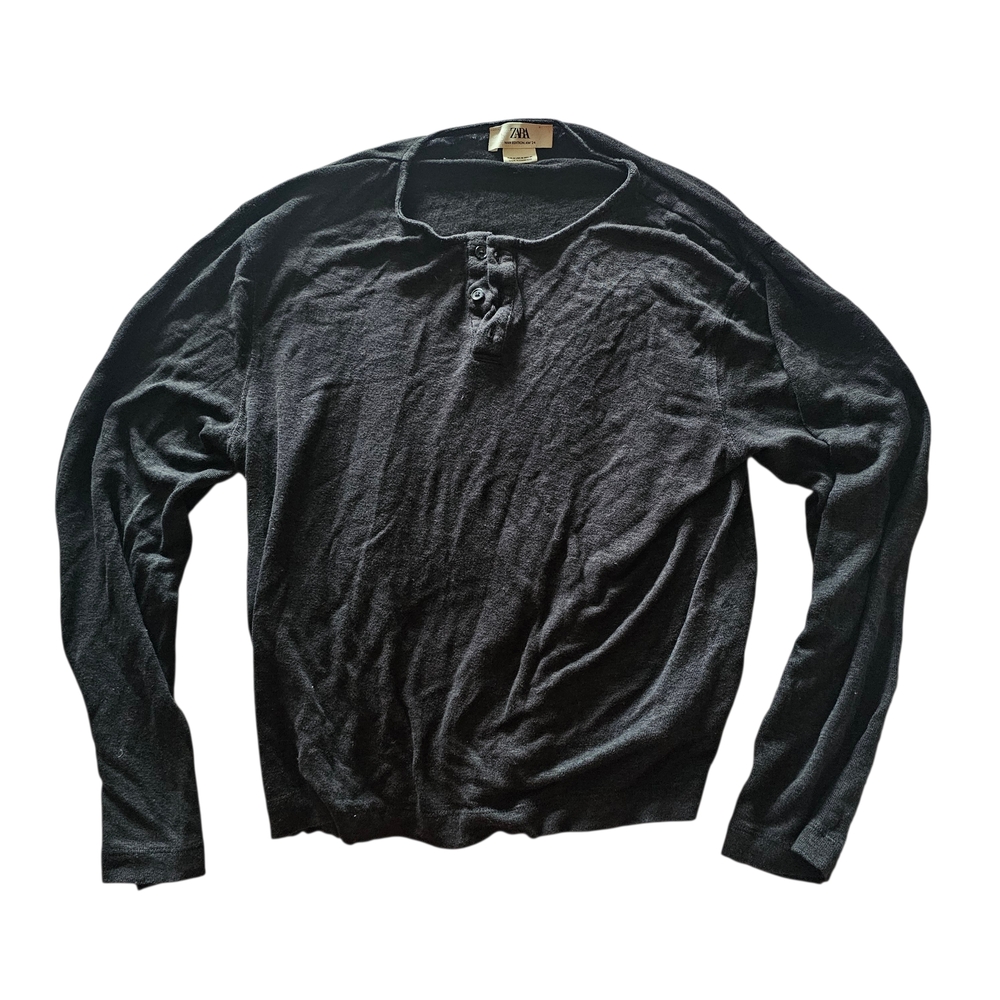 Zara Black Long Sleeve Henley Shirt Cotton Blend Size M